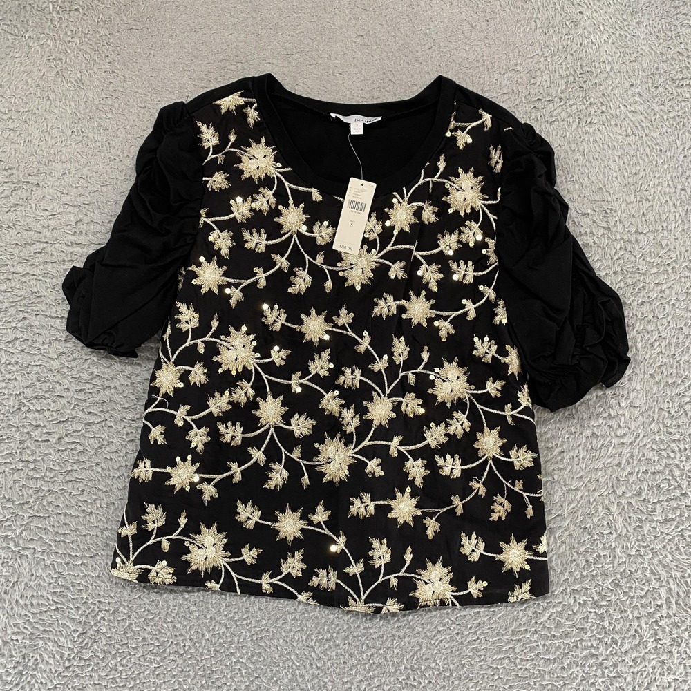 Isla Maude Embroidered Top Womens Small‎ Black Puff Sleeve Sequin Floral Party